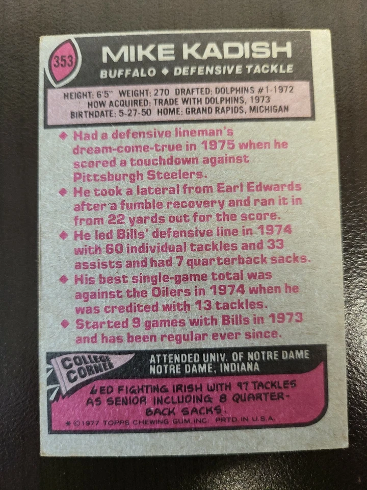 1977 Topps Mike Kadish NRMT card #353 - Image 2 of 2