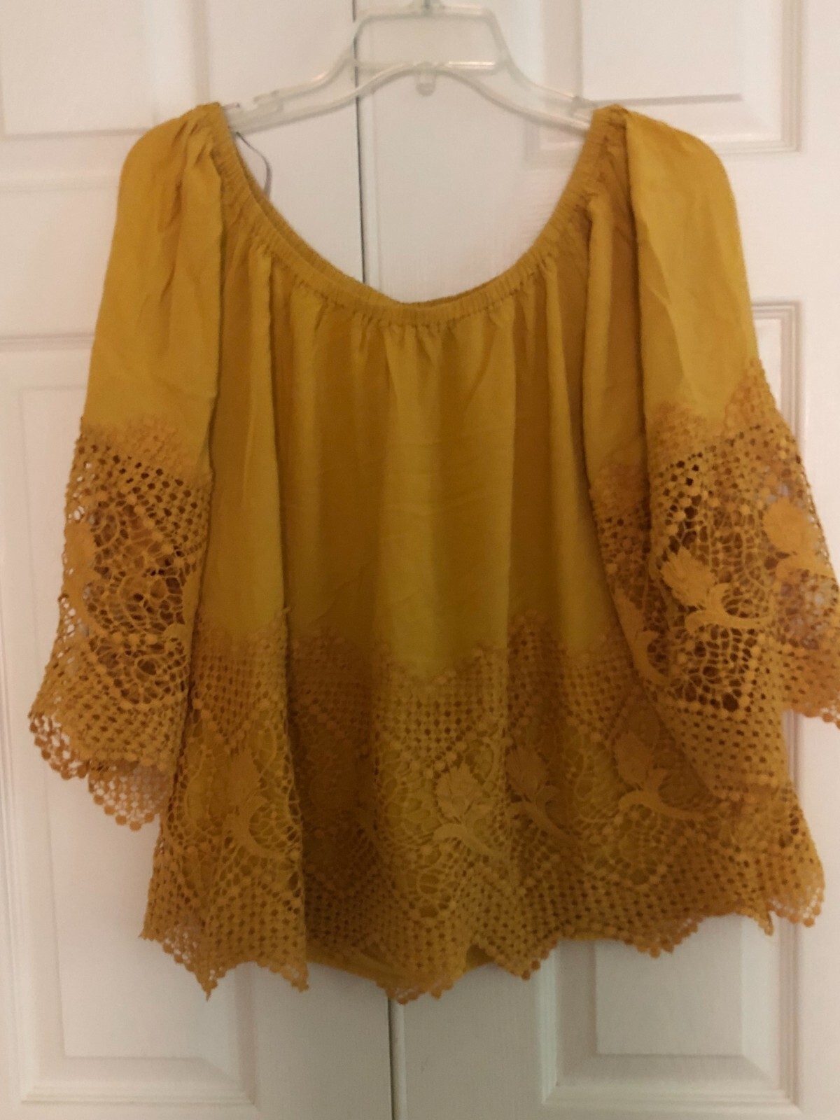 Miss Lili Plus Size 1X Off Shoulder Mustard Yellow Lace Trim Top Blouse Women image 6
