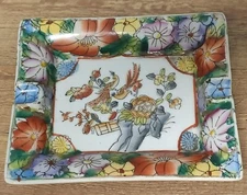 Vintage Ceramic Rectangular Asian Flower and Bird Art Chinese Ashtray 6" Wide