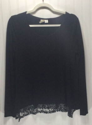 FRANCESCAS BIRD CAGE Womens Size M Black Rayon Stretch Top Lace Trim