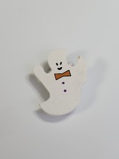 Ghost With Orange Bow Tie Halloween Lapel Pin Made From Thin Wood Hand Painted