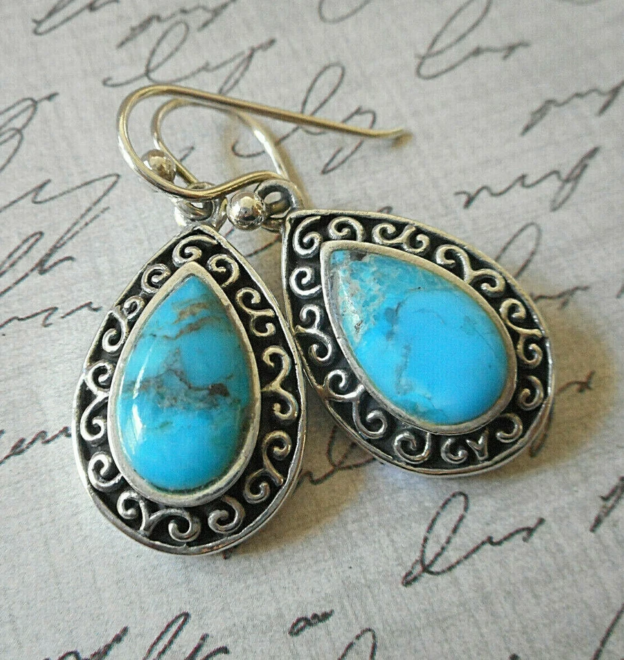 Pendientes colgantes Barse plata esterlina borde lágrima turquesa 14NK12 Foto 3 de 4