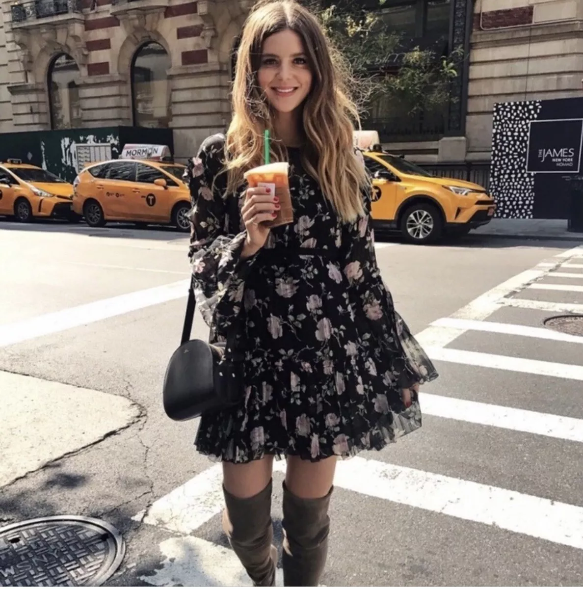 Black floral dress hotsell with bell sleeves