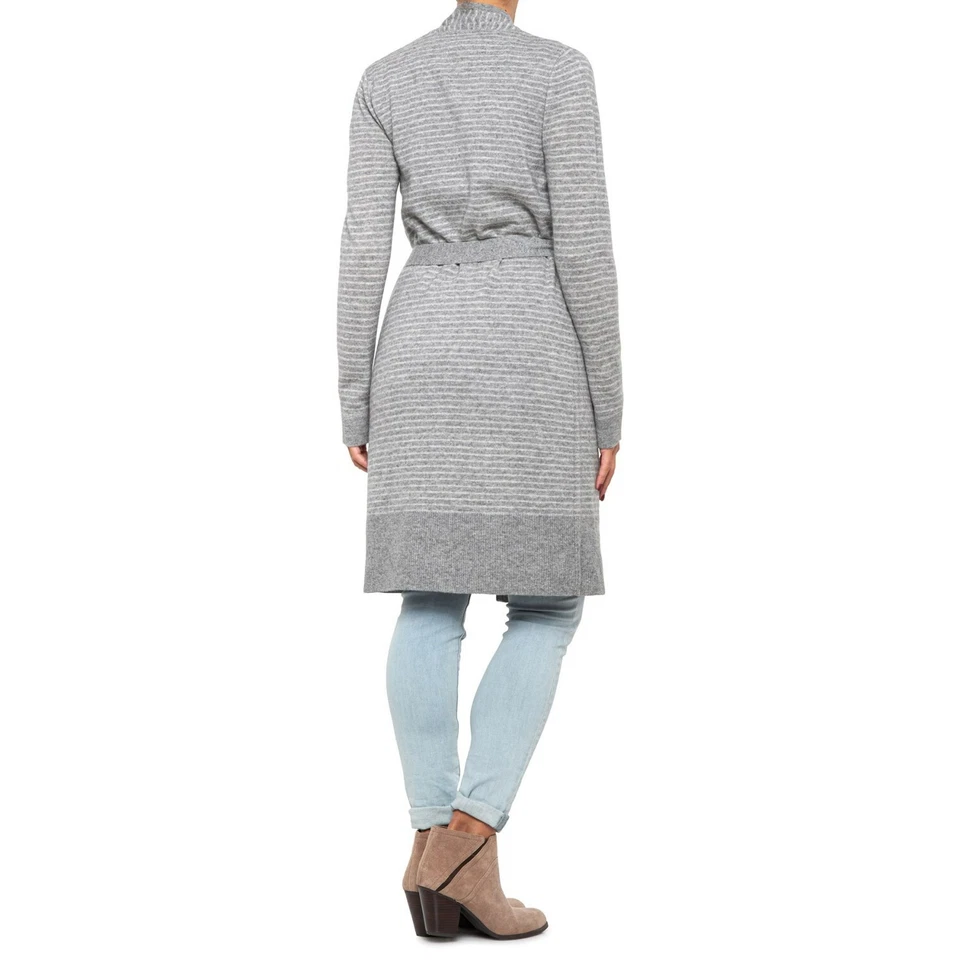 Nuevo con etiquetas Suéter Tahari 100% Cachemira Cortina Cuello Rayas Frente Abierto o Rob, Gris, M Foto 3 de 4