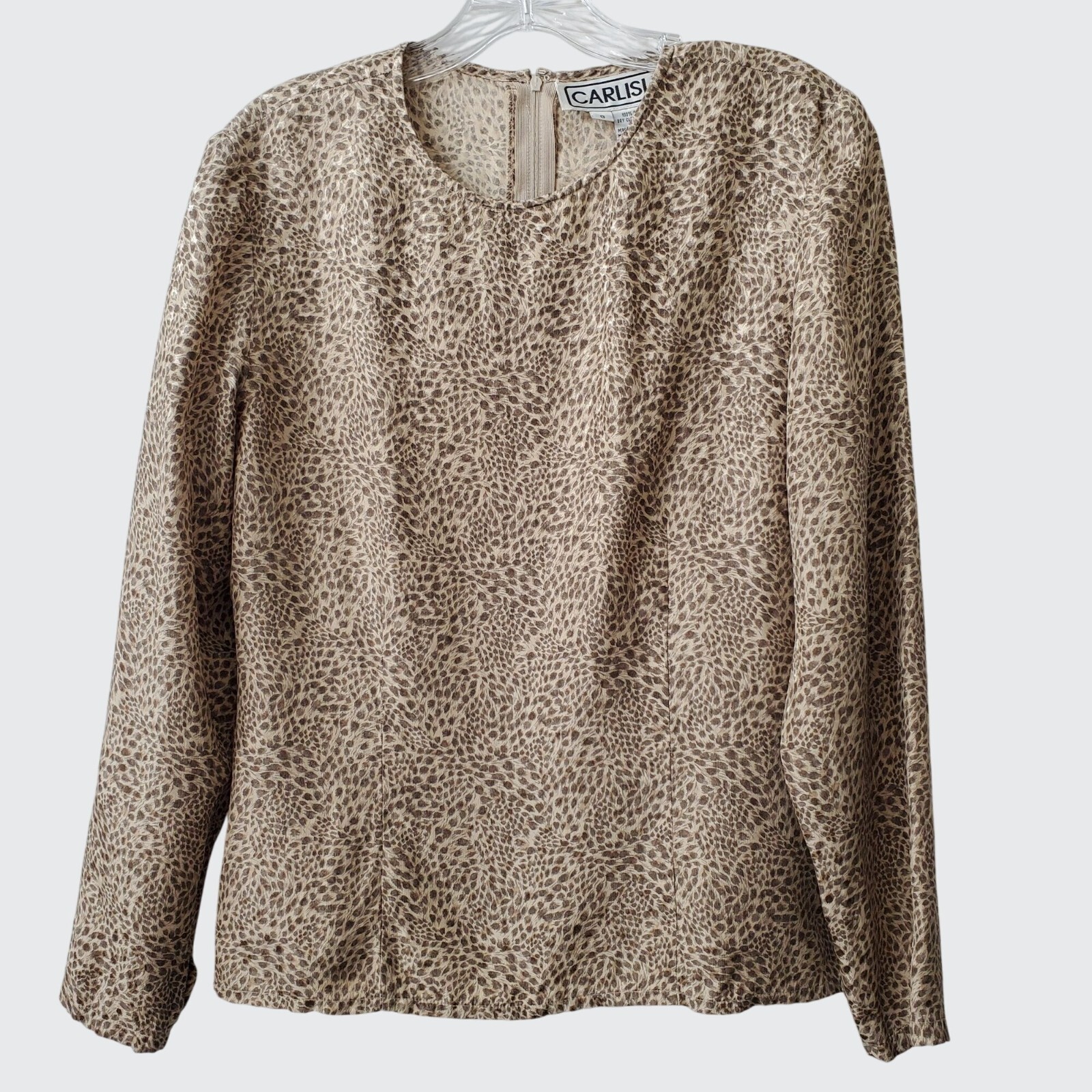 Vintage Carlisle Womens Leopard Print Silk Blouse Size 8 Long Sleeve Elegant