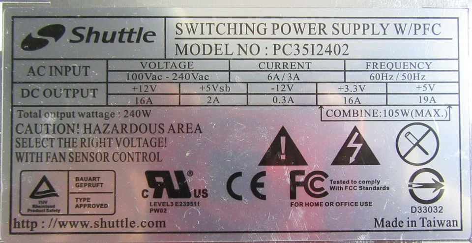 Genuine Shuttle PC3512402 105W Switching Power Supply W/PFC - Image 3 of 4