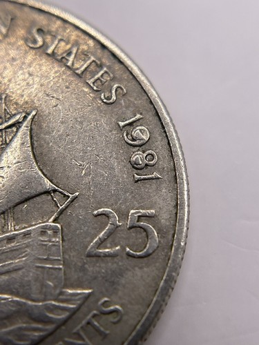 World Coin: 1981 East Caribbean States 25 Cents - Error: Date Die Chips (WC397) - Picture 2 of 7