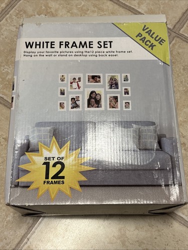 New Open Box 12 piece Photo Frame Set White Plastic With Glass