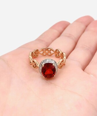 Vtg Karis STS Rose Gold Plated Red Garnet Clear Rhinestone Love Heart Ring Sz 10