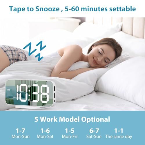 Digital Alarm Clock with Dual Alarms, Mirror LED Bedroom Alarm Clocks White - Foto 5 di 6