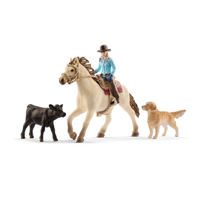 Western Playset - Cowgirl Figurine with Horse, Cow, Dog and Rodeo Accessories...