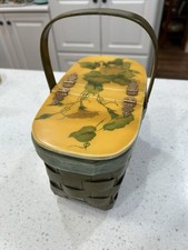 Vintage 1970's Decoupage Woven Wood OliveGreen Basket Purse With Yellow Flowers
