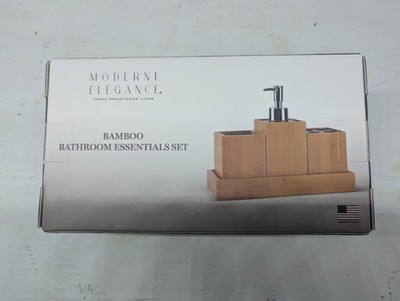 Bamboo Bathroom Essentials Set By Modern Elegance-Soap Dispenser, Tray ..