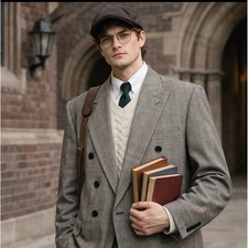 Vintage Men's 42R Gray Glen Plaid Double Breasted Blazer  Large