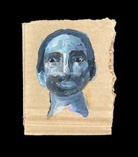 Original Portrait Painting Abstract Blue Man Naive Primitive Folk Wall Art