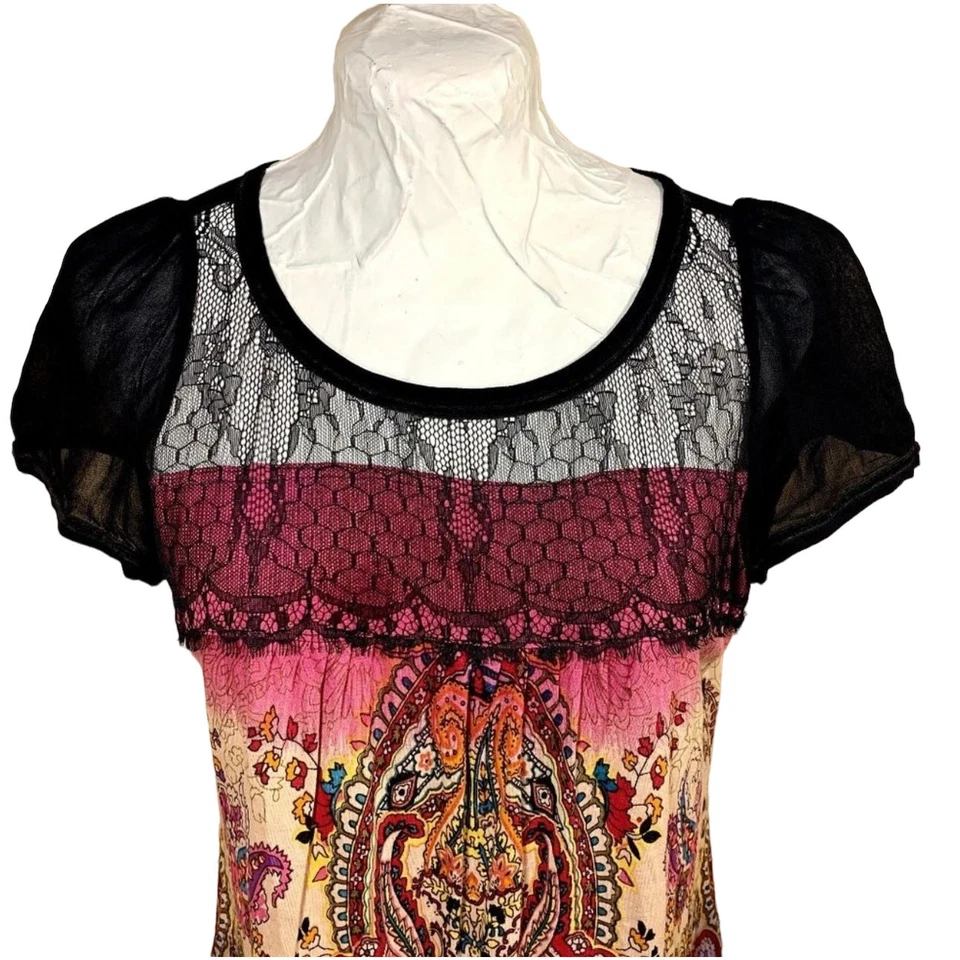 VTG Y2K Lace Top Indie Colorful Paisley Sheer Artsy Feminine Silky Tunic SZ S - Image 3 of 4