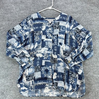 Alfred Dunner Womens 16 Blue White 100% Silk Patchwork Print Button Front Blouse