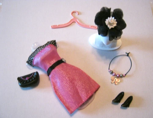 BARBIE FASHION CLOTHES ~ PINK SHINY SATIN+BLACK ACCENTS OUTFIT w/ACCESSORIES SET