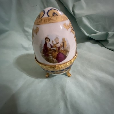 5'' Vintage VECCELI ITALY Blue & Gold Gilded PORCELAIN EGG Hinged TRINKET BOX  