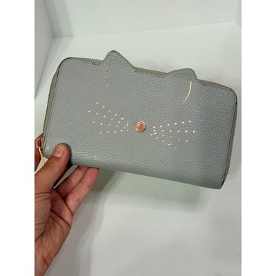 Ted Baker London Grey Leather Cat Face Zip Around Wallet Rose Gold Whiskers