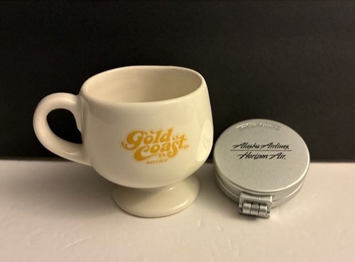 Lot of 2 Alaska Airlines Hairbrush Compact & Gold Coast Service Coffee Tea Mug
