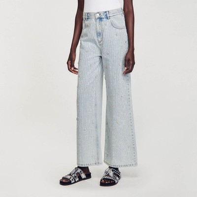 Sandro Indie Rhinestone Wide Leg Jeans in Light Blue Jean