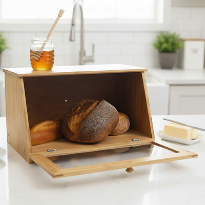 Natur Bambus Holz Brotkasten Arbeitsplatte Aufbewahrungsbox mit Acryl Fenster Deckel