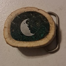 Bone Belt Buckle Moon Face Inlay Celestial Theme Beige Green Silver Vintage