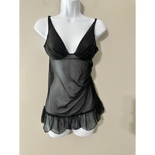 Victoria Secret Black Sheer Mesh Babydoll Chemise Ruffle Trim 34B Underwire