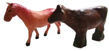 ANTIQUE, VINTAGE CELLULOID TOY HORSE AND PLASTIC COW, FARM ANIMALS