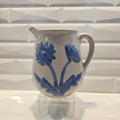 Antique McCoy DANDY Line Hand Painted blue flowers Stoneware Pitcher Cottage - Image 1 of 4