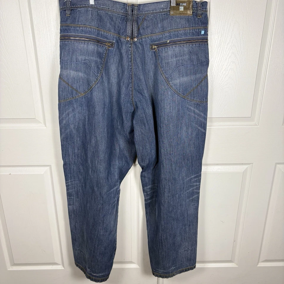 Azzure Jeans Mens Size 48x34 Blue Baggy Straight Leg Zip Pockets Love The Denim - Image 2 of 4
