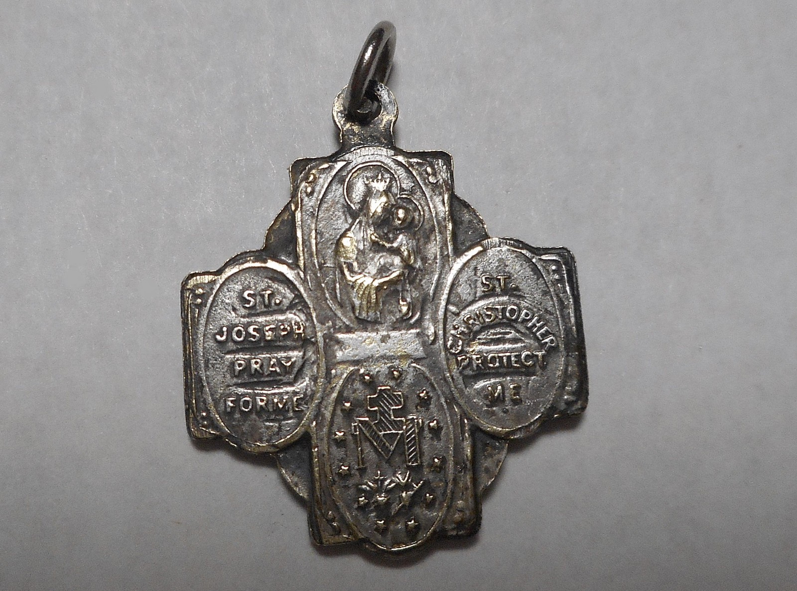 Vintage Four Way Cross Medal Silvertone Catholic Religous Medal