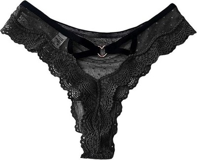 Damen Schwarz Spitze Träger Tanga Höschen Herz Ring Netz G-String Dessous