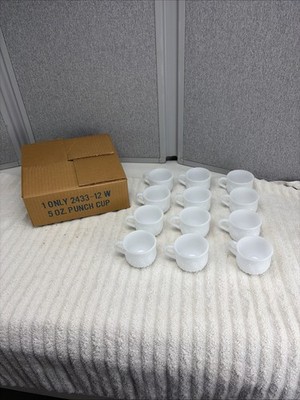 Set of 12 NEW Jeanette Jeannette Milk Glass Punch Bowl 5 oz Cups Fruit Design