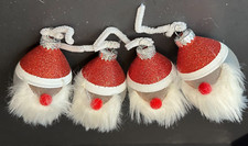 Santa Claus/Gnome Ornaments, Glitter Hats. Set of 4 Red/White