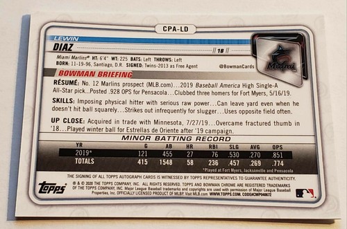 Lewin Diaz Marlins 2020 Bowman Chrome 1st No. CPA-LD On-Card Autograph Card - Picture 2 of 2