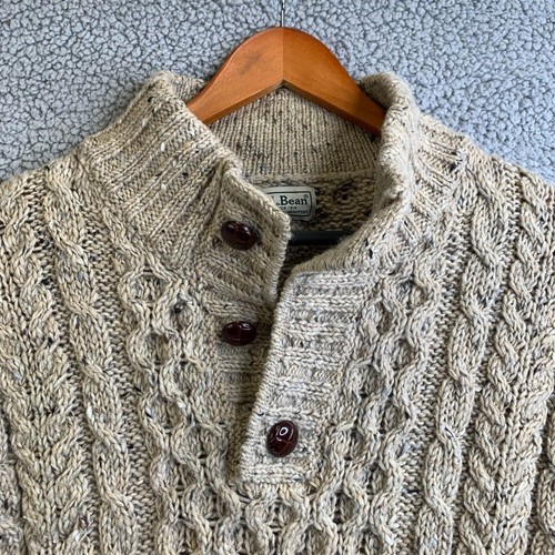 VTG 90s LL Bean Sweater Mens M Ivory Fisherman Irish Wool Cable Knit 3 Buttons - Picture 4 of 13