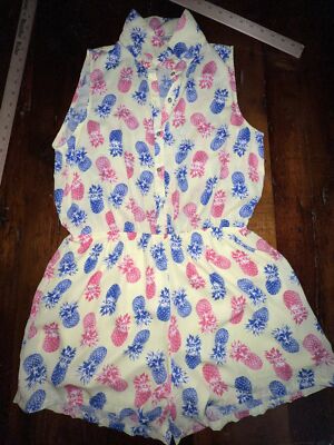 Freebird Romper Women s Large Yellow Blue Pink Pineapples Lined Elastic Waist