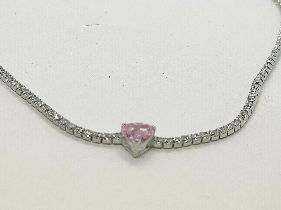 Choker collana donna tennis in Argento 925 zirconi bianchi e cuore rosa - Immagine 4 di 4