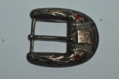 Antique Belt Buckle MEXICO Sterling Silver With Rubies 10K Gold Flowers Ca 1940s