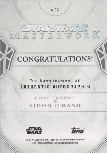 Tarjeta de autógrafo Star Wars Masterwork 2018, Cavin Cornwall (Sidon Ithano) A-CC - Imagen 2 de 2
