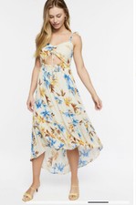Forever 21 Dress Women Medium Midi Cut Out Floral Ruffled Hi Lo Cream    B4