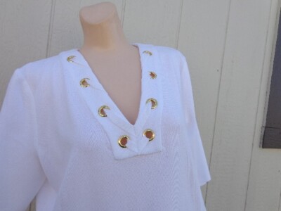 New Ming Wang White Pull over Nautical Dress Gold Grommets L $215 NWT Washable