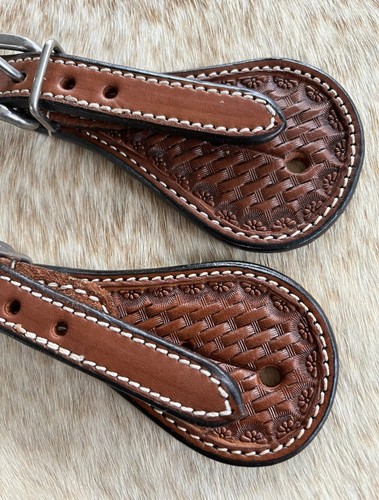Pair Adult Size Basketweave Tooled Leather Western Spur Straps FREE Shipping - Picture 3 of 4