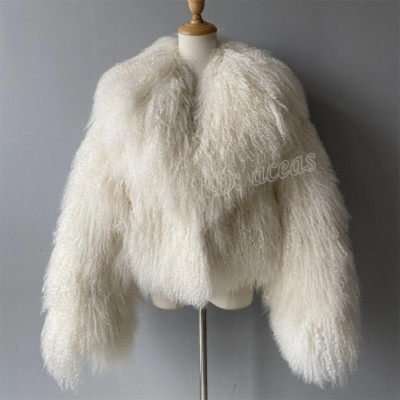 Women Real Mongolian Fur Coat Big Lapel Real Fur Warm Fluffy Short Jacket Casual