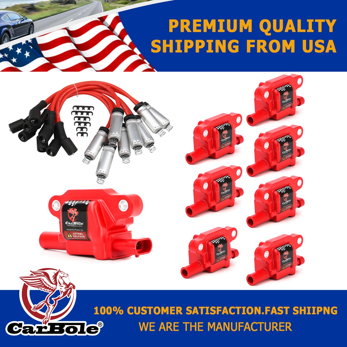 8-Pack CarBole Ignition Coils UF413 – For Chevy Silverado 1500, GMC, Cadillac 5.3L/6.0L/6.2L | Red High-Performance Set