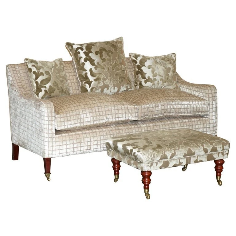 STUNNING HAND MADE IN ENGLAND DESIGNER FABRIC UPHOLSTERED SOFA & FOOTSTOOL