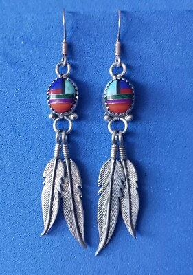 Native American Sterling Silver Multi Stone Inlay Double Feather Hook Earrings