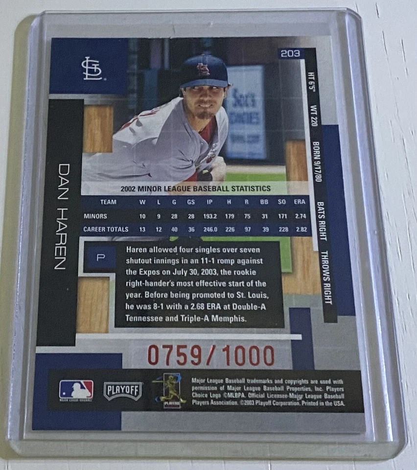 Dan Haren 2003 Playoff Absolute Memorabilia Rookies & Traded RC /1000 #203 RL01 - Image 2 of 2